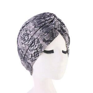 Grey Print Turban Style Hat Stretch Chemo Cap Snakeskin One Size Jersey Cotton
